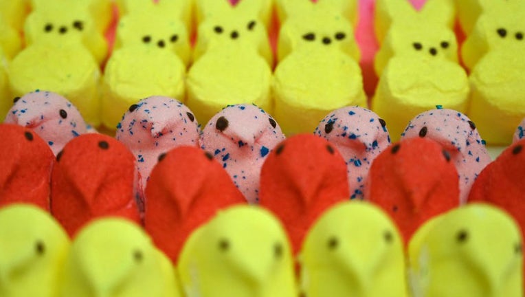 FILE - This illustration shows Peeps marshmallows laying on a table in Washington, DC on April 2, 2021. (Photo by EVA HAMBACH/AFP via Getty Images)