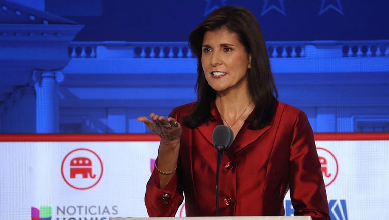FILE - Republican presidential candidate former U.N. Ambassador Nikki Haley delivers remarks during the FOX Business Republican Primary Debate at the Ronald Reagan Presidential Library on Sept. 27, 2023, in Simi Valley, California. (Photo by Justin Sullivan/Getty Images)
