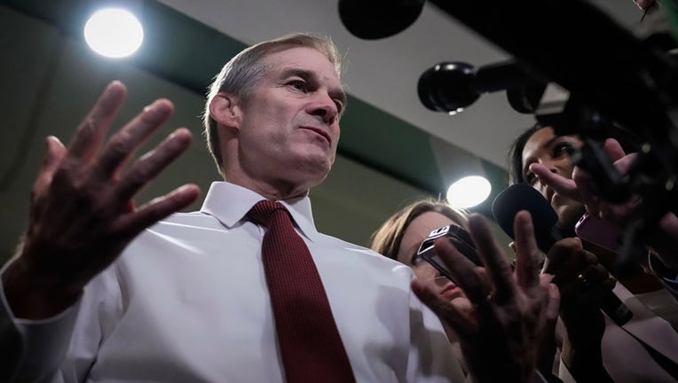 Rep. Jim Jordan (R-OH) speaks briefly to reporters as he departs a House Republican Caucus at the U.S. Capitol on Oct. 16, 2023, in Washington, D.C. (Photo by Drew Angerer/Getty Images)