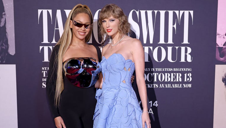 (L-R) Beyoncé Knowles-Carter and Taylor Swift attend the "Taylor Swift: The Eras Tour" Concert Movie World Premiere at AMC The Grove 14 on Oct. 11, 2023, in Los Angeles, California. (Photo by John Shearer/Getty Images for TAS)