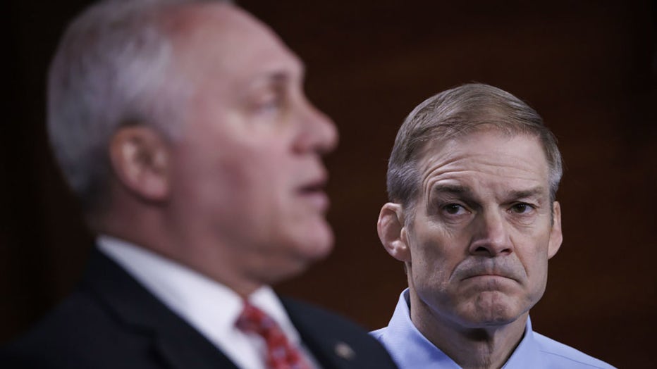 FILE - (R) Representative Jim Jordan, a Republican from Ohio, during a news conference while (L) US House Majority Leader Steve Scalise, a Republican from Louisana, speaks at the US Capitol in Washington, DC, US, on April 27, 2023. Photographer: Ting Shen/Bloomberg via Getty Images