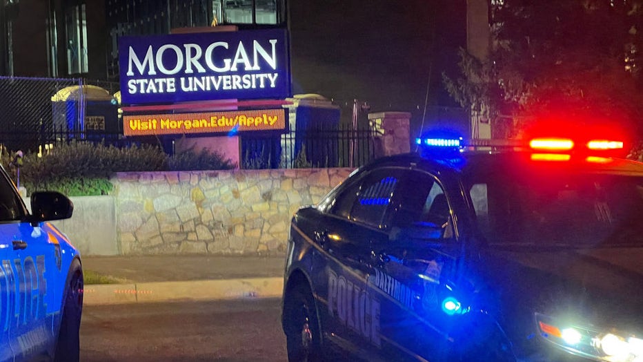 Police vehicles are pictured at Morgan State University on Oct. 3, 2023, in Baltimore, Maryland. (Jerry Jackson/Baltimore Sun/Tribune News Service via Getty Images)