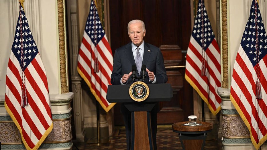 US President Joe Biden speaks at a roundtable with Jewish community leaders in the Indian Treaty Room of the White House on Oct. 11, 2023. (Photo by BRENDAN SMIALOWSKI/AFP via Getty Images)