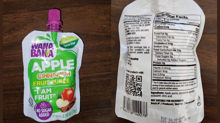The WanaBana apple cinnamon fruit puree pouches are pictured in provided images. (Credit: U.S. Food and Drug Administration)