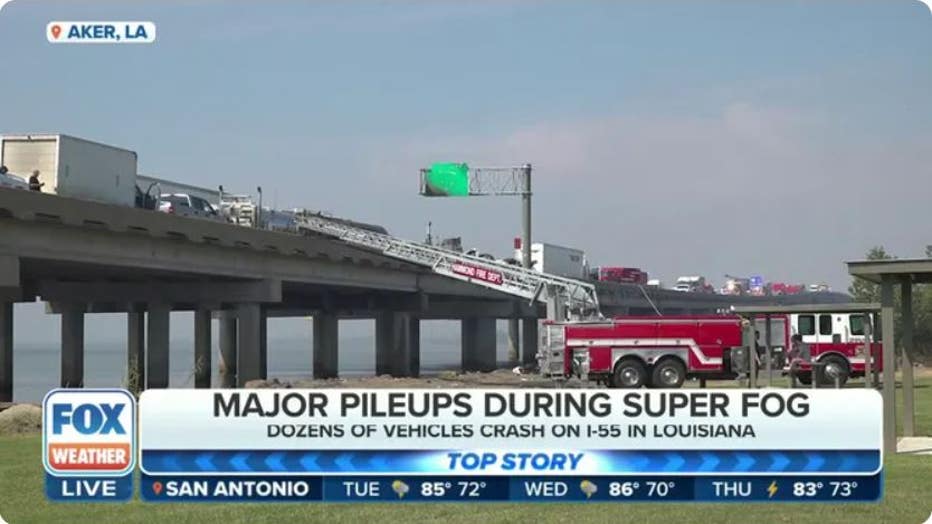To reach accident victims, fire trucks had to use ladders from the marsh below. (FOX 8 NOLA / FOX Weather)