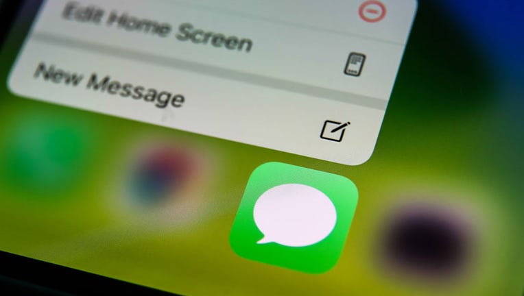 FILE - Apples Messages icon displayed on a phone screen on August 26, 2021. (Photo Illustration by Jakub Porzycki/NurPhoto via Getty Images)