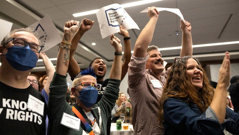 Abortion rights supporters celebrate winning the referendum on the so-called Issue 1, a measure to enshrine a right to abortion in Ohios Constitution, in Columbus, Ohio on Nov. 7, 2023. (Photo by MEGAN JELINGER/AFP via Getty Images)