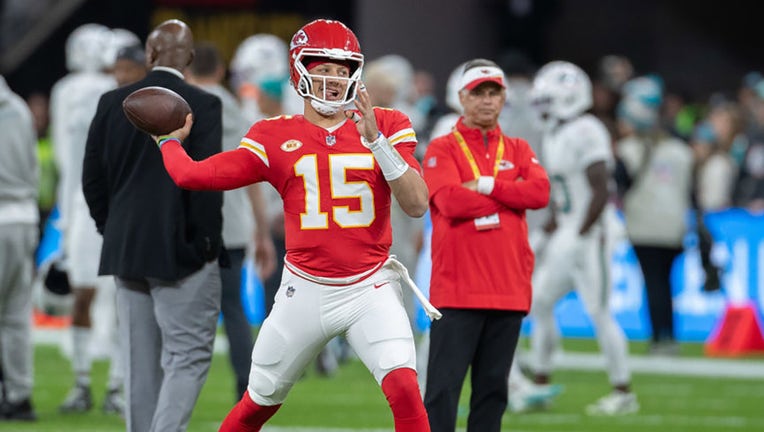 Patrick Mahomes of Kansas City Chiefs controls the ball during the NFL match between Miami Dolphins and Kansas City Chiefs at Deutsche Bank Park on Nov. 5, 2023, in Frankfurt am Main, Germany. (Photo by Mario Hommes/DeFodi Images via Getty Images)