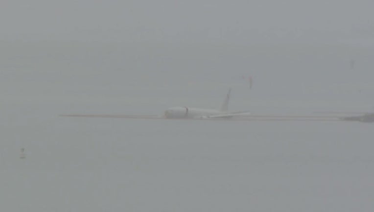 A downed U.S. Navy aircraft is seen in Kaneohe Bay on Nov. 20, 2023, in Kaneohe, Hawaii. (Credit: KHON-TV)