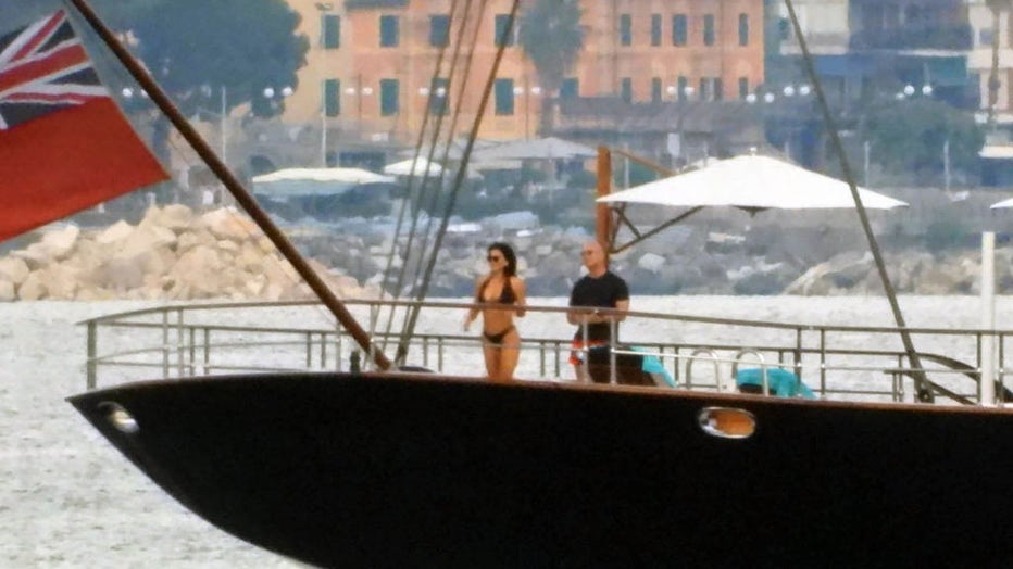 FILE - Lauren Sanchez and Jeff Bezos are seen on Jeff Bezos' yacht on June 12, 2023 in Portofino, Italy. (Photo by MEGA/GC Images)