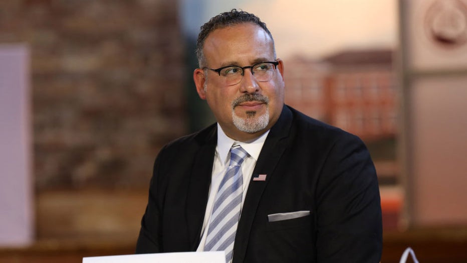 FILE - US Vice President Kamala Harris (not pictured) and U.S. Secretary of Education Miguel Cardona attend a panel discussion with nine outstanding scholars at Claflin University on Sept. 20, 2022, in Orangeburg, South Carolina. (Photo by Colin Myers/Claflin University/HBCU via Getty Images)