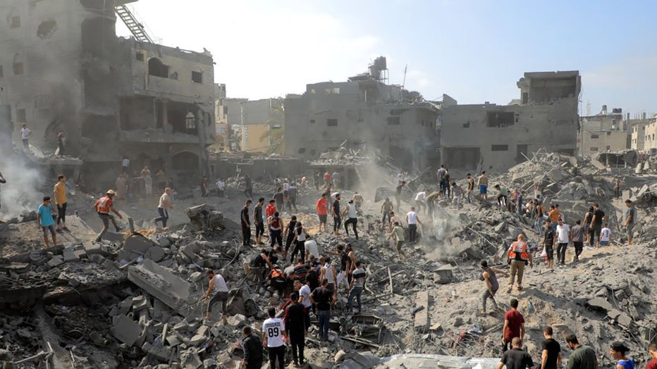 Palestinians conduct a search and rescue operation after the second bombardment of the Israeli army in the last 24 hours at Jabalia refugee camp in Gaza City, Gaza on November 01, 2023. (Photo by Palestinian Ministry of Interior/Anadolu via Getty Images)