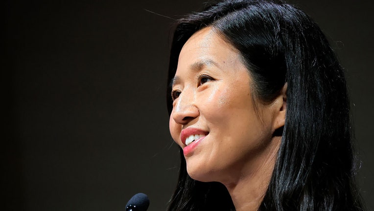 FILE - Boston Mayor Michelle Wu speaks in Boston, MA. (Photo by Lane Turner/The Boston Globe via Getty Images)