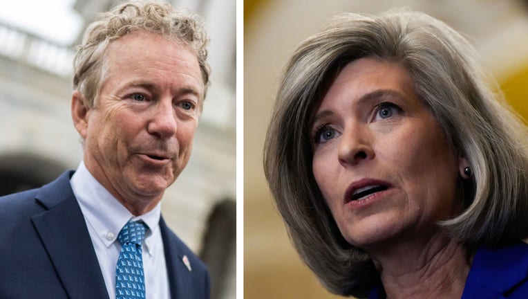 (L) Sen. Rand Paul, R-Ky., talks with reporters outside U.S. Capitol on Tuesday, September 26, 2023. (Tom Williams/CQ-Roll Call, Inc via Getty Images) (R) Sen. Joni Ernst (R-IA) speaks to reporters following a closed-door lunch meeting with Senate Republicans at the U.S. Capitol October 17, 2023 in Washington, DC. (Photo by Drew Angerer/Getty Images)