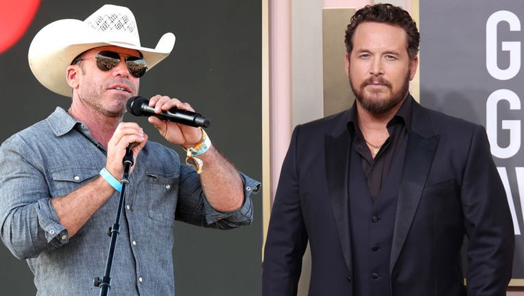 FILE - (Left) Taylor Sheridan speaks onstage during Day 3 of the 2023 Stagecoach Festival on April 30, 2023 in Indio, California. (Photo by Monica Schipper/Getty Images for Stagecoach) (Right) Cole Hauser attends the 80th Annual Golden Globe Awards at The Beverly Hilton on January 10, 2023 in Beverly Hills, California. (Photo by Daniele Venturelli/WireImage)
