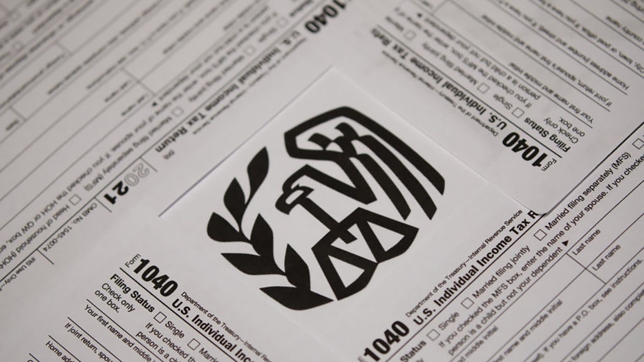 FILE - Internal Revenue Service 1040 Individual income tax forms for 2021 arranged in Louisville, Kentucky, on April 12, 2022. Photographer: Luke Sharrett/Bloomberg via Getty Images