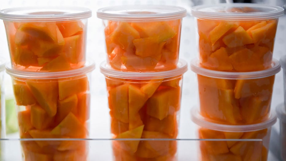 FILE - Containers with pre-cut cantaloupe in a cooler case. (Photo by Ben Hasty/MediaNews Group/Reading Eagle via Getty Images)