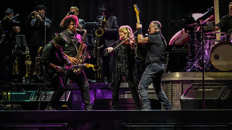 (L-R) Nils Lofgren, Jake Clemons, Soozie Tyrell and Bruce Springsteen of the E Street Band perform at MetLife Stadium on August 30, 2023 in East Rutherford, New Jersey. (Photo by Manny Carabel/Getty Images)