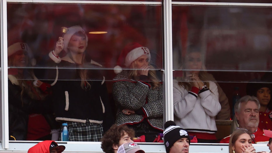 Taylor Swift and Brittany Mahomes look on during a game between the Las Vegas Raiders and the Kansas City Chiefs at GEHA Field at Arrowhead Stadium on Dec. 25, 2023, in Kansas City, Missouri. (Photo by Jamie Squire/Getty Images)