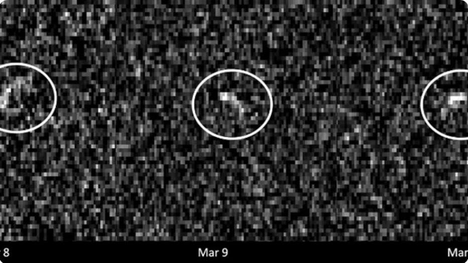 These images of asteroid Apophis were recorded in March 2021 by radio antennas at the Deep Space Network’s Goldstone complex in California and the Green Bank Telescope in West Virginia. The asteroid was 10.6 million miles away, and each pixel has a resolution of 127 feet. (Image credit: NASA/JPL-Caltech and NSF/AUI/GBO)