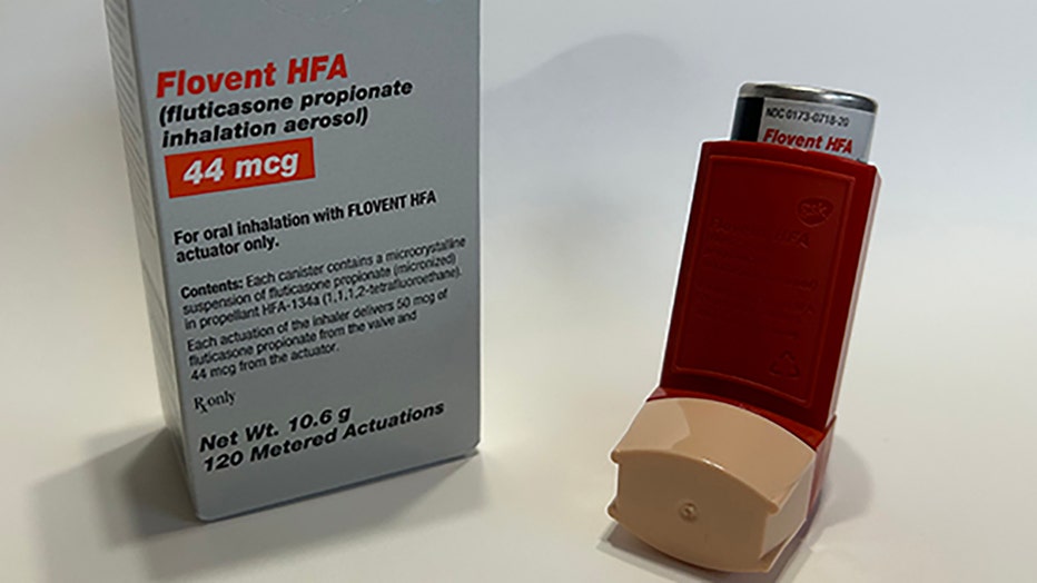 FILE - GSK is discontinuing the corticosteroid inhaler Flovent HFA (fluticasone propionate inhalation aerosol) on Dec. 31, 2023. The medication is pictured in a provided image. (Credit: American Academy of Pediatrics)
