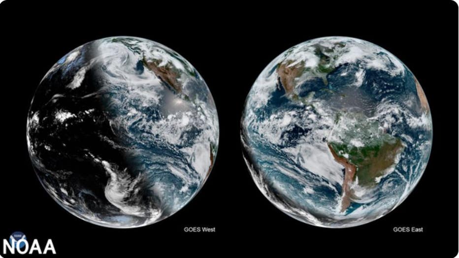 The GOES-East and GOES-West satellites on June 21, 2019, simultaneously saw the slanted shadows separating day and night on Earth just minutes after the summer solstice occurred. Notice in this image how the shadow that separates day and night across Earth is highly slanted. That shadow is called the daylight terminator. As the Earth rotates on its axis, the North Pole experiences 24 hours of daylight, or "midnight sun," while the South Pole is obscured in darkness. The opposite occurs at each pole in December, when the Northern Hemisphere sees its shortest day and longest night of the year. (NOAA Environmental Visualization Laboratory)
