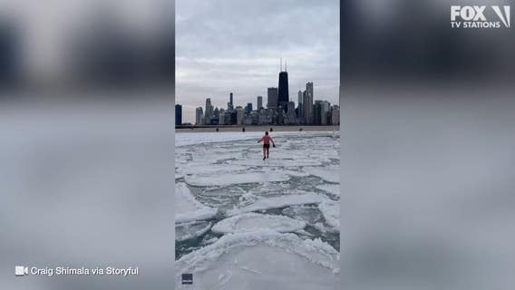 VIDEO: Chicago man takes stroll on Lake Michigan 'ice pancakes' in swim trunks