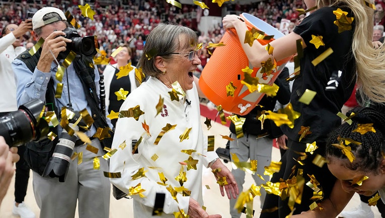 Head coach Tara VanDerveer of the Stanford Cardinal celebrates with her player Cameron Brink #22 after Stanford defeated the Oregon State Beavers 65-56 at Stanford Maples Pavilion on Jan. 21, 2024, in Palo Alto, California. (Photo by Thearon W. Henderson/Getty Images)