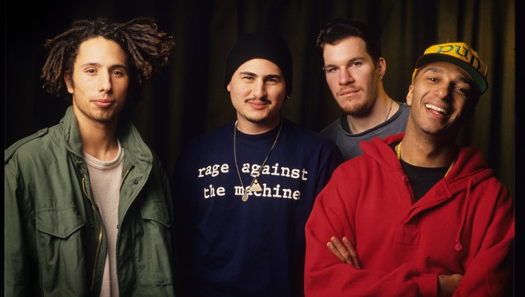 FILE - Rage Against The Machine: Zack De La Rocha, Tim Commerford, Brad Wilk, Tom Morello, in Brussels, Belgium, on June 2, 1993. (Photo by Gie Knaeps/Getty Images)