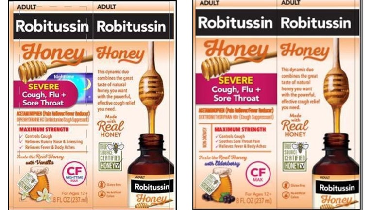 The recalled Robitussin Honey CF Max Day Adult and Robitussin Honey CF Max Nighttime Adult products are pictured in provided images. (Credit: Haleon/FDA)