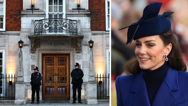 (LEFT) Police officers stand guard outside the London Clinic in London on January 18, 2024 where Britains Catherine, Princess of Wales, underwent surgery. (Photo by HENRY NICHOLLS/AFP via Getty Images) (RIGHT) Catherine, Princess of Wales attends the Christmas Morning Service at Sandringham Church on December 25, 2023 in Sandringham, Norfolk. (Photo by Stephen Pond/Getty Images)