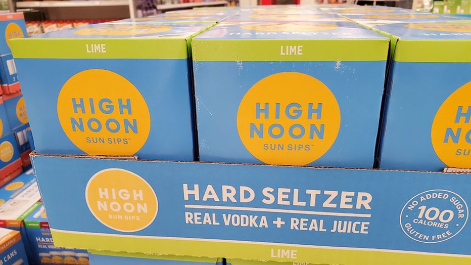 FILE - Close-up of a stack of containers of High Noon brand hard seltzer in San Ramon, California, on July 23, 2020. (Photo by Smith Collection/Gado/Getty Images)