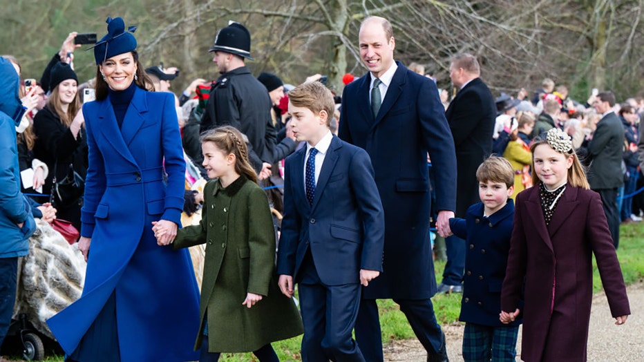 FILE - Catherine, Princess of Wales, Princess Charlotte of Wales, Prince George of Wales, Prince William, Prince of Wales, Prince Louis of Wales and Mia Tindall attend the Christmas Morning Service at Sandringham Church on Dec. 25, 2023, in Sandringham, Norfolk. (Photo by Samir Hussein/WireImage)