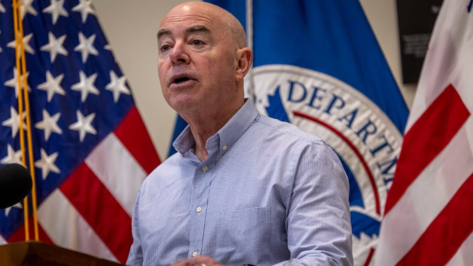 U.S. Department of Homeland Security Secretary Alejandro Mayorkas holds a press conference at a U.S. Border Patrol station on Jan. 8, 2024, in Eagle Pass, Texas. (Photo by John Moore/Getty Images)