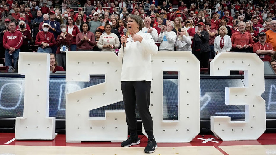 Head coach Tara VanDerveer of the Stanford Cardinal talks to the fans after Stanford defeated the Oregon State Beavers 65-56 at Stanford Maples Pavilion on Jan. 21, 2024, in Palo Alto, California. (Photo by Thearon W. Henderson/Getty Images)