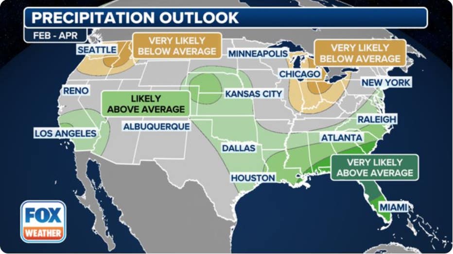 The precipitation outlook for February, March and April from the Climate Prediction Center as of January 18, 2024. (FOX Weather)