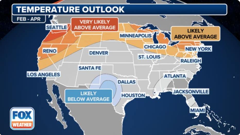 The temperature outlook for February, March and April from the Climate Prediction Center as of January 18, 2024. (FOX Weather)