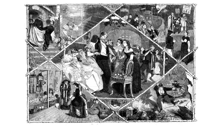 Humorous vignettes depicting a tradition, known as Bachelors Day, where women propose to men on Leap Day, 29 February. From "Illustrated London News", 1860. Creator: Gilks. (Photo by The Print Collector/Heritage Images via Getty Images)