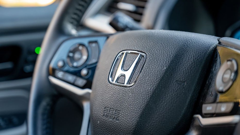 FILE - Close-up of Honda logo on steering wheel of a vehicle in Lafayette, California, on Jan. 25, 2023. (Photo by Smith Collection/Gado/Getty Images)