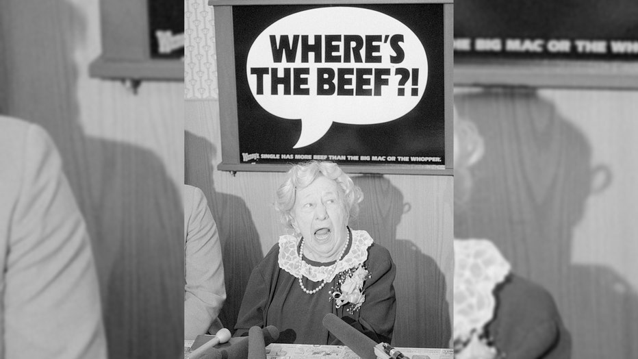 FILE - Clara Peller, star of Wendy's commercial's, asks her famous question, "Where's the Beef," during a press conference at a Washington Wendy's.