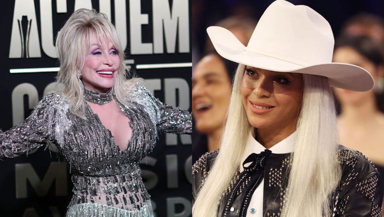 (LEFT) Singer Dolly Parton arrives for the 58th Academy of Country Music awards at The Ford Center at The Star on May 11, 2023, in Frisco, Texas. (Right) Beyoncé supports Jay-Z as he accepts the Dr. Dre Global Impact Award during the 66th GRAMMY Awards at Crypto.com Arena on Feb. 4, 2024, in Los Angeles, California. (Photos by Omar Vega/FilmMagic & Kevin Mazur/Getty Images for The Recording Academy)