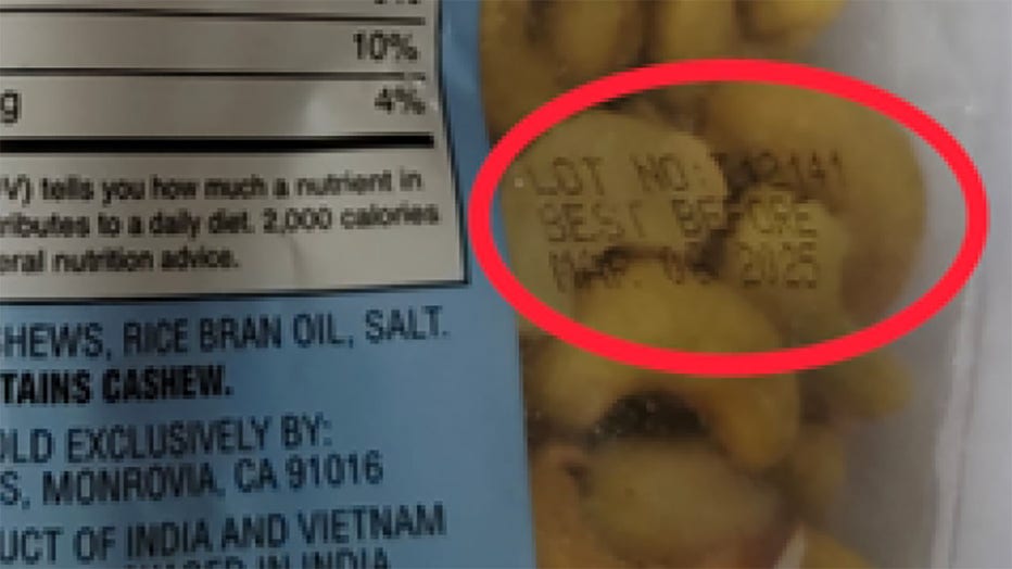 The recalled Trader Joe’s Nuts – 50% Less Sodium Roasted & Salted Whole Cashews can be identified by the country of origin, India or Vietnam, and the 