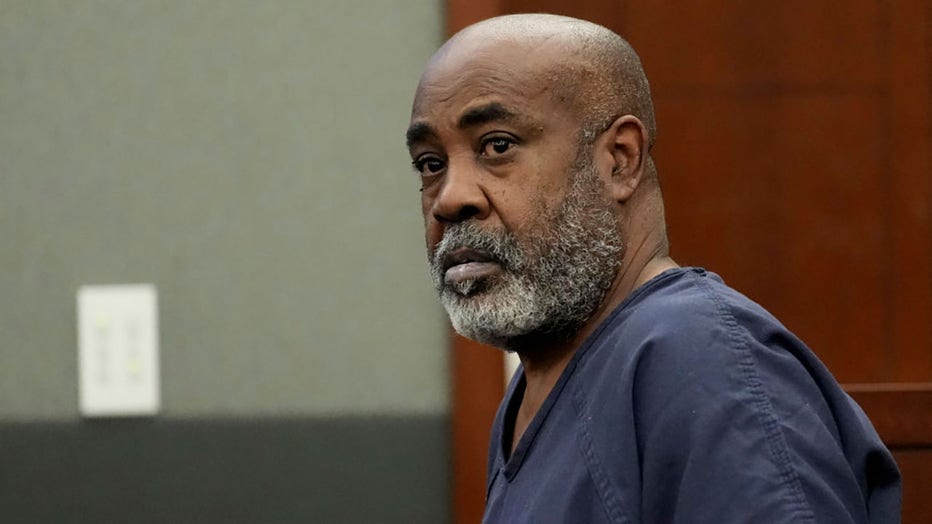 Duane "Keefe D" Davis, 60, appears in a Las Vegas court on October 19, 2023 for his arraignment on murder charges in the death of rapper Tupac Shakur. Shakur, 25, died on September 7, 1996, six days after being shot while in a car near the Las Vegas Strip. (Photo by John Locher / POOL / AFP) (Photo by JOHN LOCHER/POOL/AFP via Getty Images)
