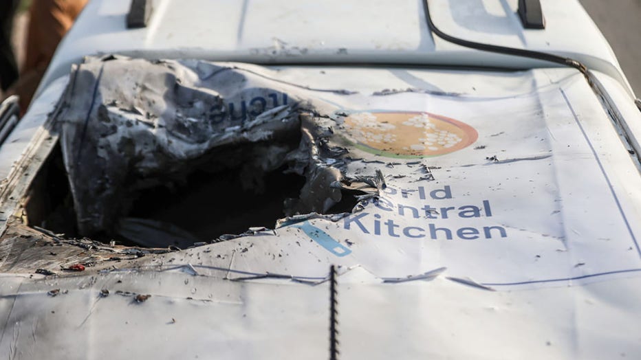 A view of the damaged vehicle carrying Western employees after the Israeli attack in Deir al-Balah, Gaza on April 2, 2024. (Photo by Ali Jadallah/Anadolu via Getty Images)