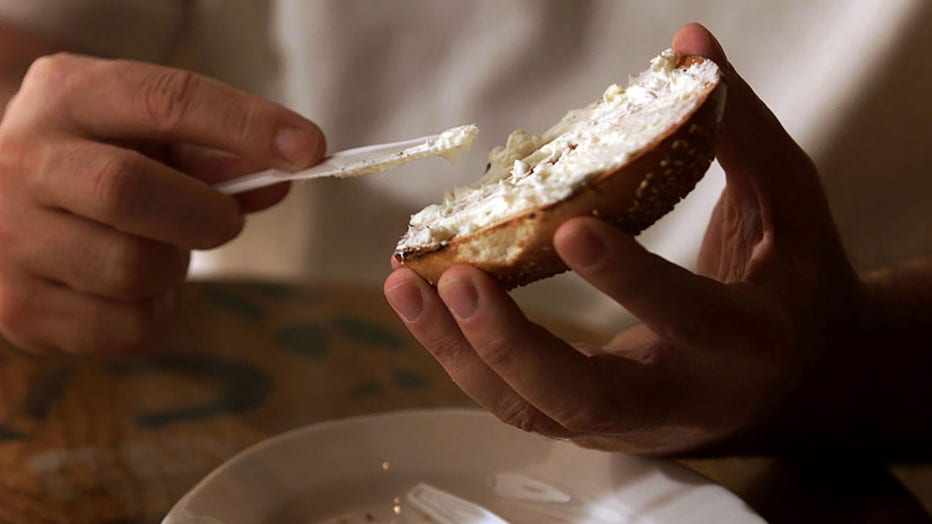 FILE - A toasted bagel with cream cheese is pictured. (Photo by Anacleto Rapping/Los Angeles Times via Getty Images)