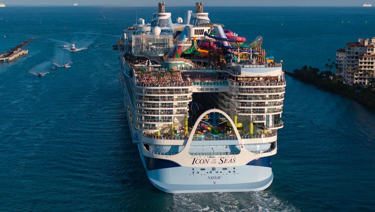 FILE - In an aerial view, Royal Caribbeans Icon of the Seas, billed as the worlds largest cruise ship, heads out to sea for its second voyage from PortMiami on Feb. 3, 2024, in Miami, Florida. (Photo by Joe Raedle/Getty Images)