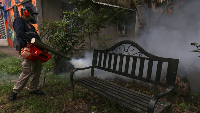 FILE - A member of Municipal Civil Protection releases smoke with a fumigation machine in a park between the buildings during a fumigation campaign against the Aedes aegypti or Aedes albopictus mosquito, which is the transmitter of the dengue virus, on June 24, 2024, in San Salvador, El Salvador. (Photo by APHOTOGRAFIA/Getty Images)