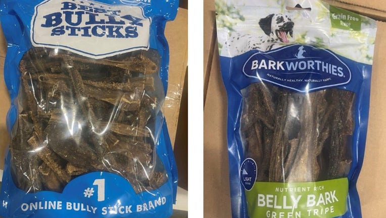 Recalled dog treat products are pictured in provided images. (Credit: U.S. Food and Drug Administration)