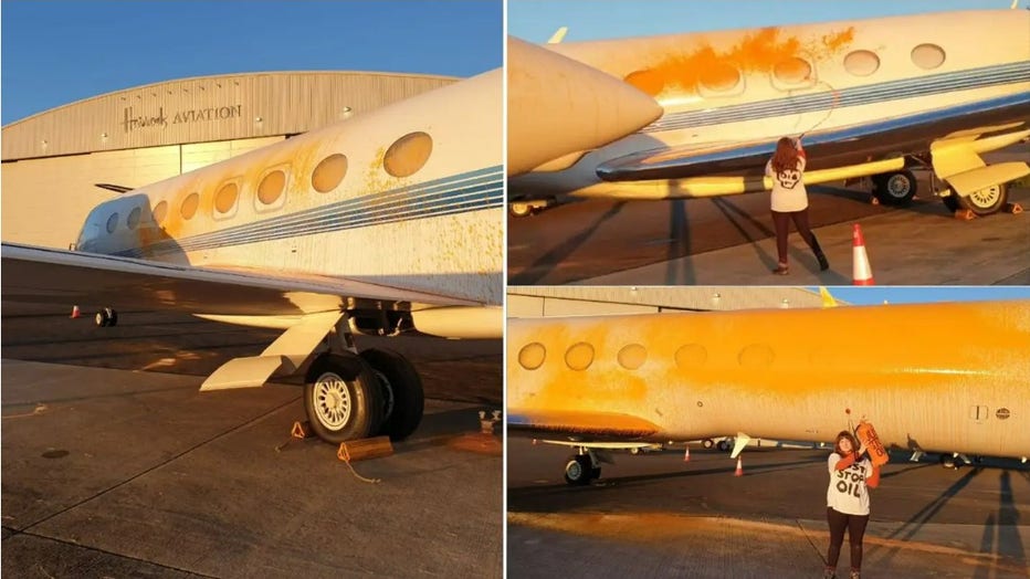 Climate change protesters spray-paint two jets in the U.K. (Just Stop Oil)
