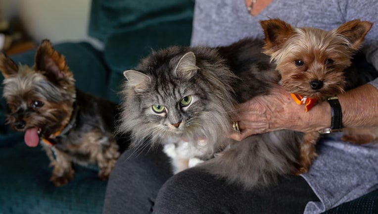 FILE - A woman sits with her two dogs and one of her cats at her home in Spotsylvania, Va., on Oct. 29, 2022. (Parker Michels-Boyce for The Washington Post via Getty Images)